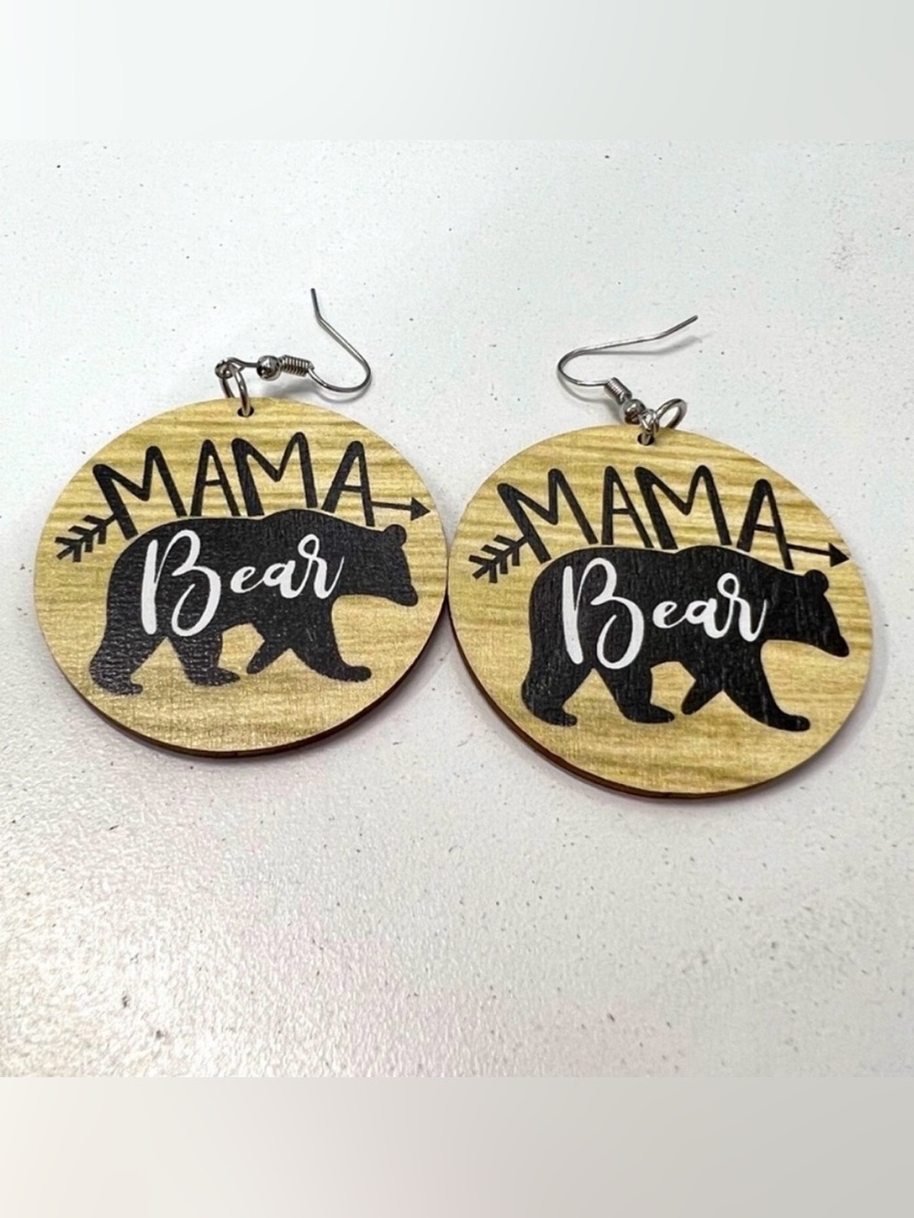NWT Mama Bear Wooden Dangle Earrings - Natural Wood & Black